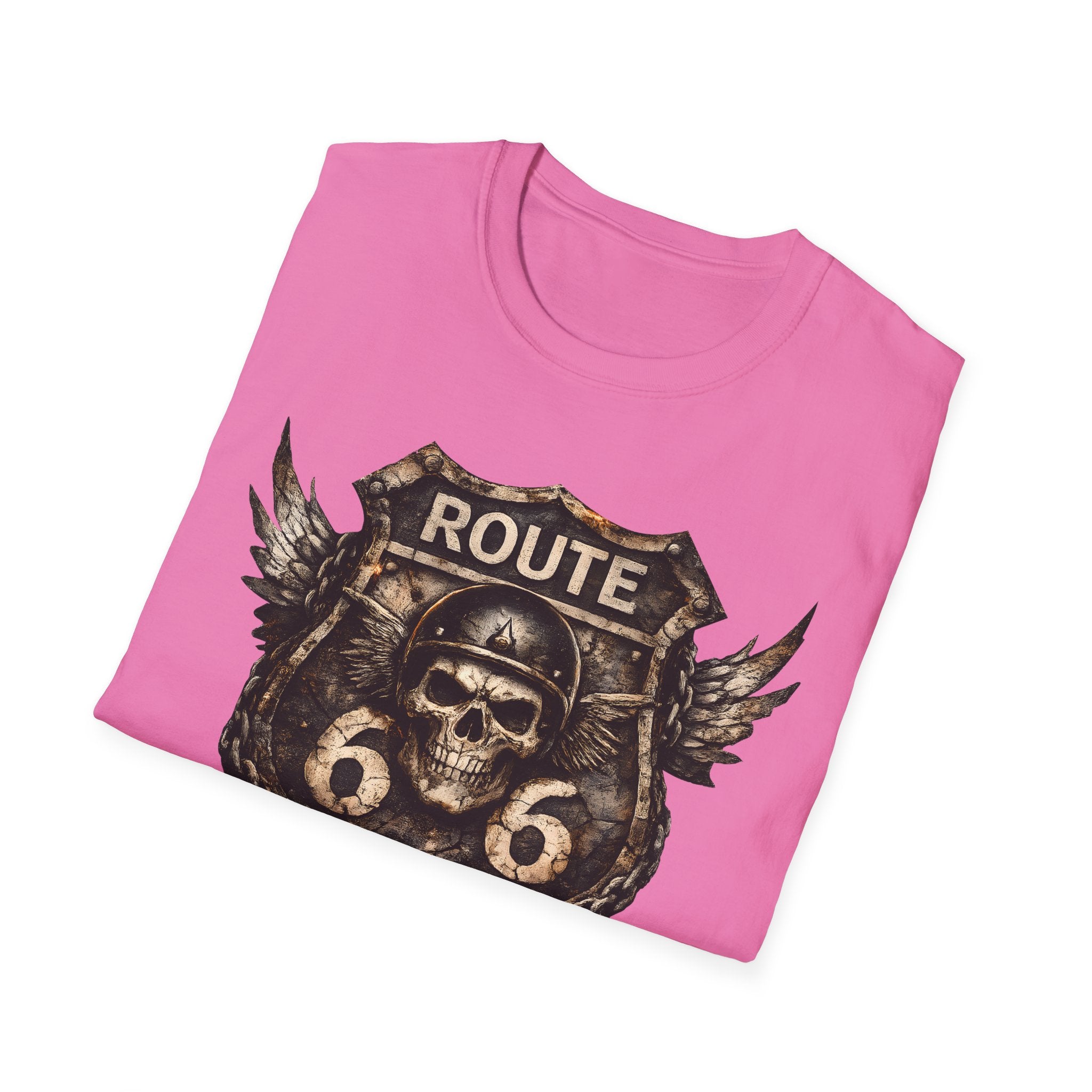 Route 66 Skull Badge T-Shirt | Ride the Legend, Winged Helmet Motorcycle Design