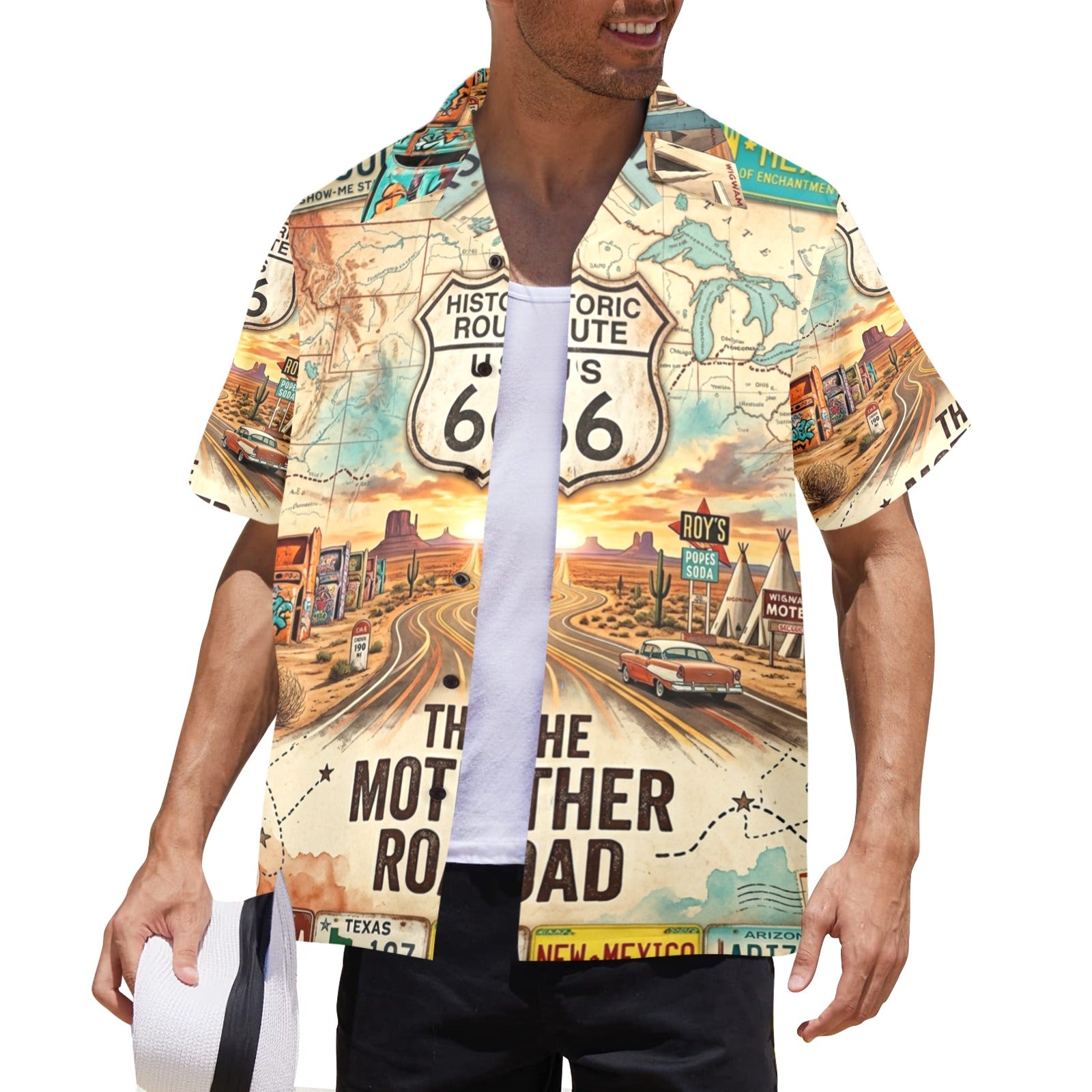 Route 66 The Mother Road Men's All Over Print Hawaiian Shirt Made In USA Ships to USA Only