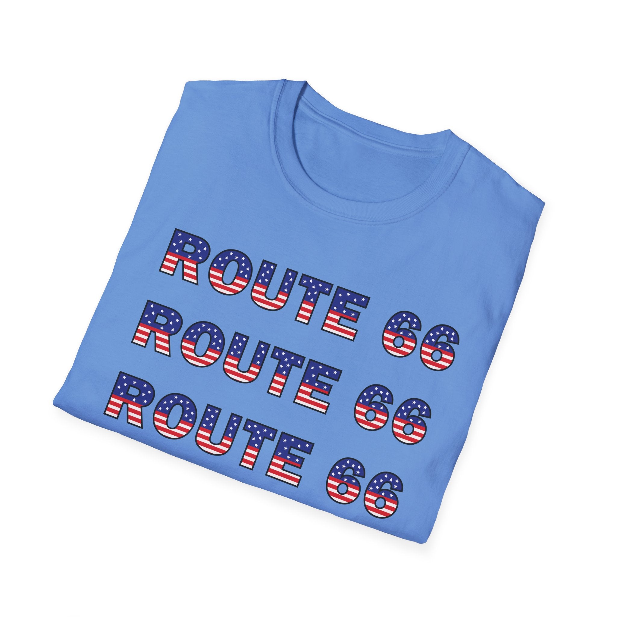 Route 66 Retro Text T-Shirt | American Flag Roadtrip Graphic