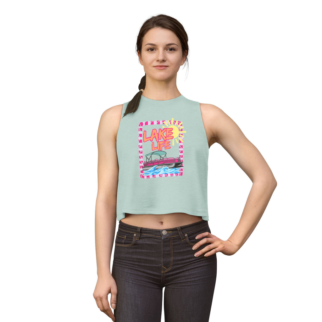 Lake Life boat illustration Crop Top | summer lake vibes, colorful retro frame