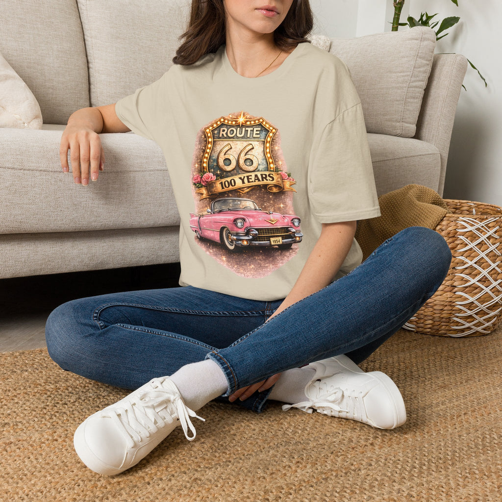 Route 66 100 Years Pink Classic Car T-Shirt | Vintage Road Trip Tee
