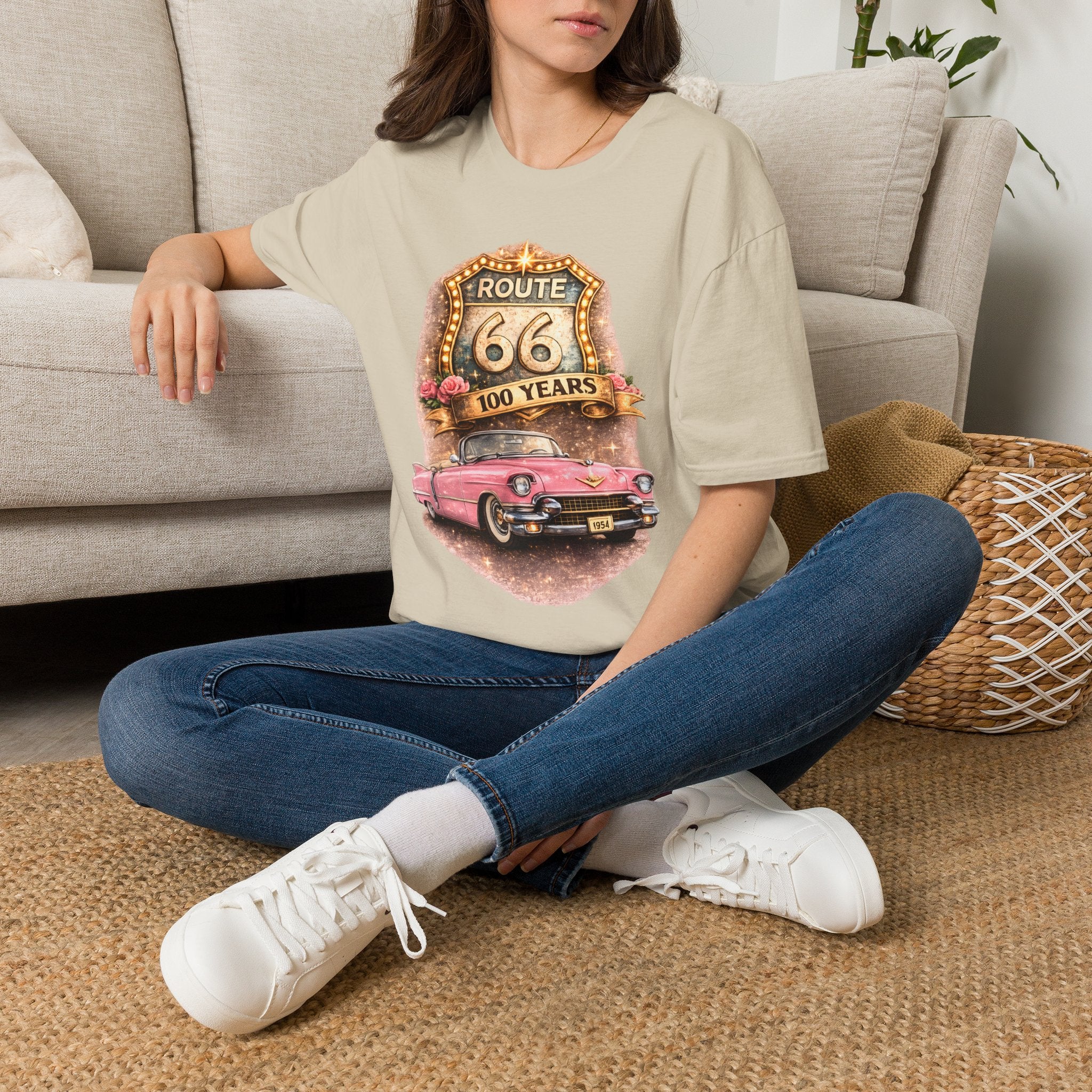 Route 66 100 Years Pink Classic Car T-Shirt | Vintage Road Trip Tee