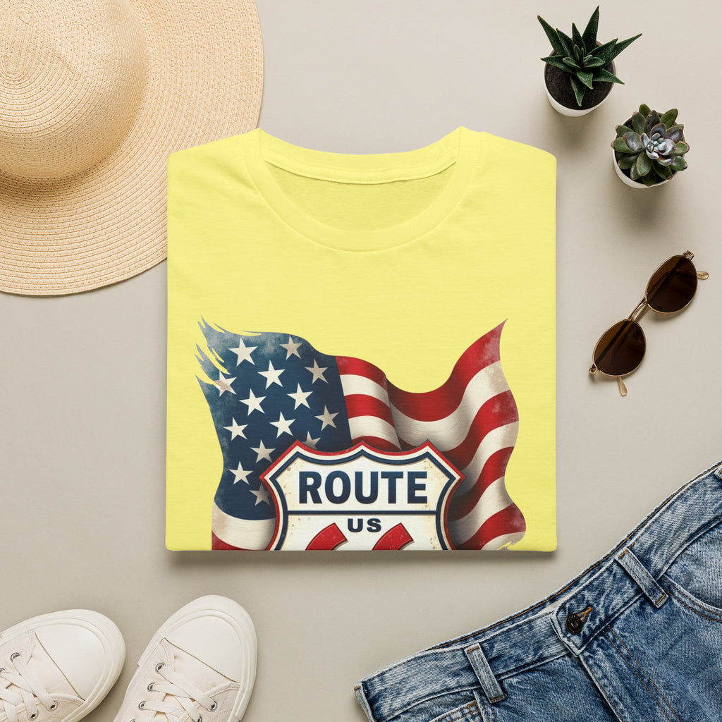 Route 66 Shield with American Flag T-Shirt | Vintage Road Trip Tee