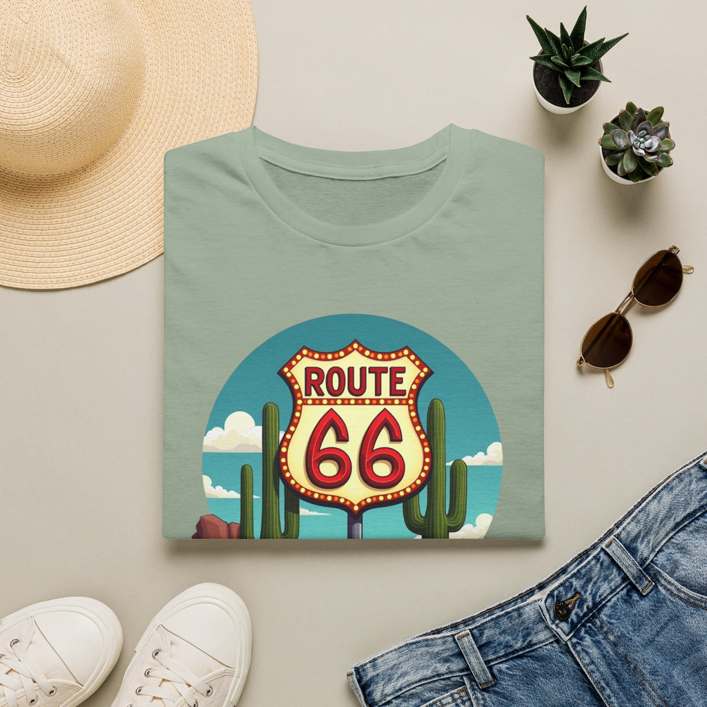 Route 66 Classic Car T-Shirt | Retro Desert Road Sign, Vintage Convertible