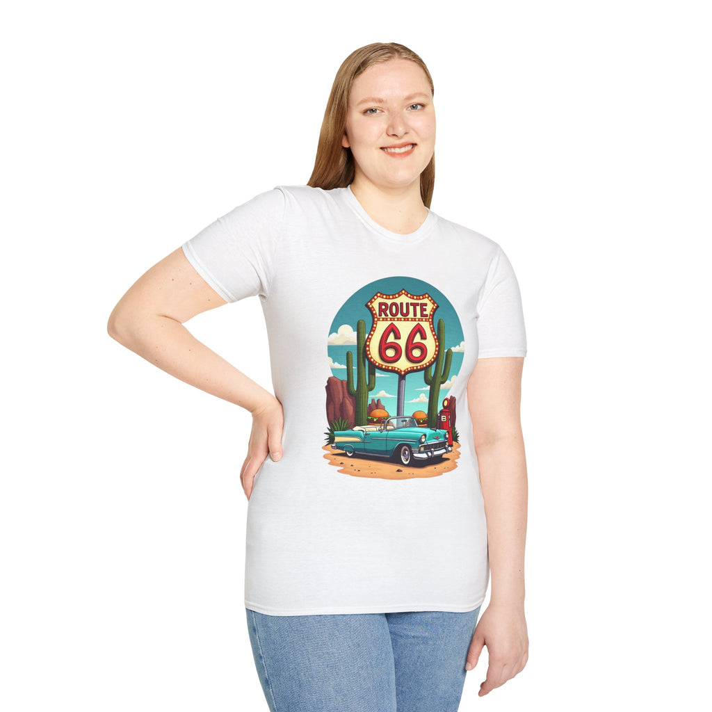 Route 66 Classic Car T-Shirt | Retro Desert Road Sign, Vintage Convertible
