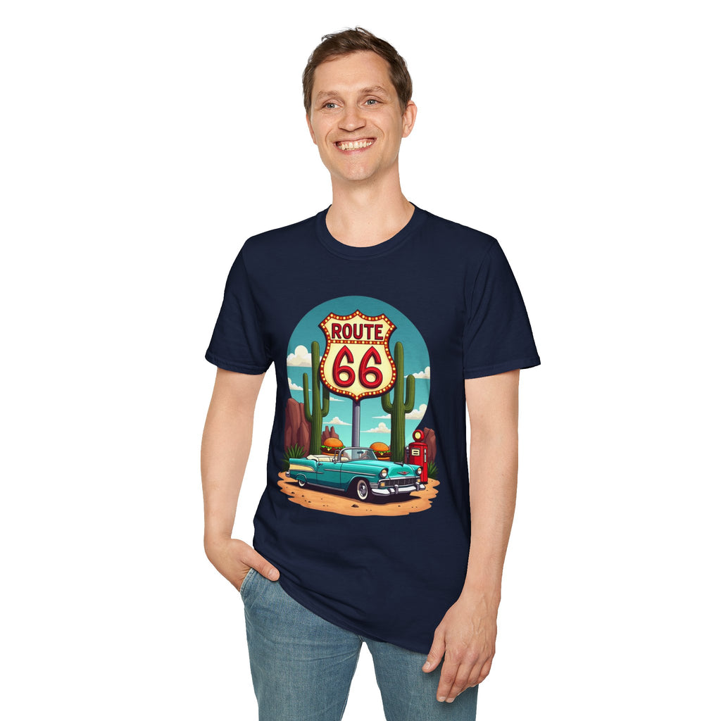 Route 66 Classic Car T-Shirt | Retro Desert Road Sign, Vintage Convertible