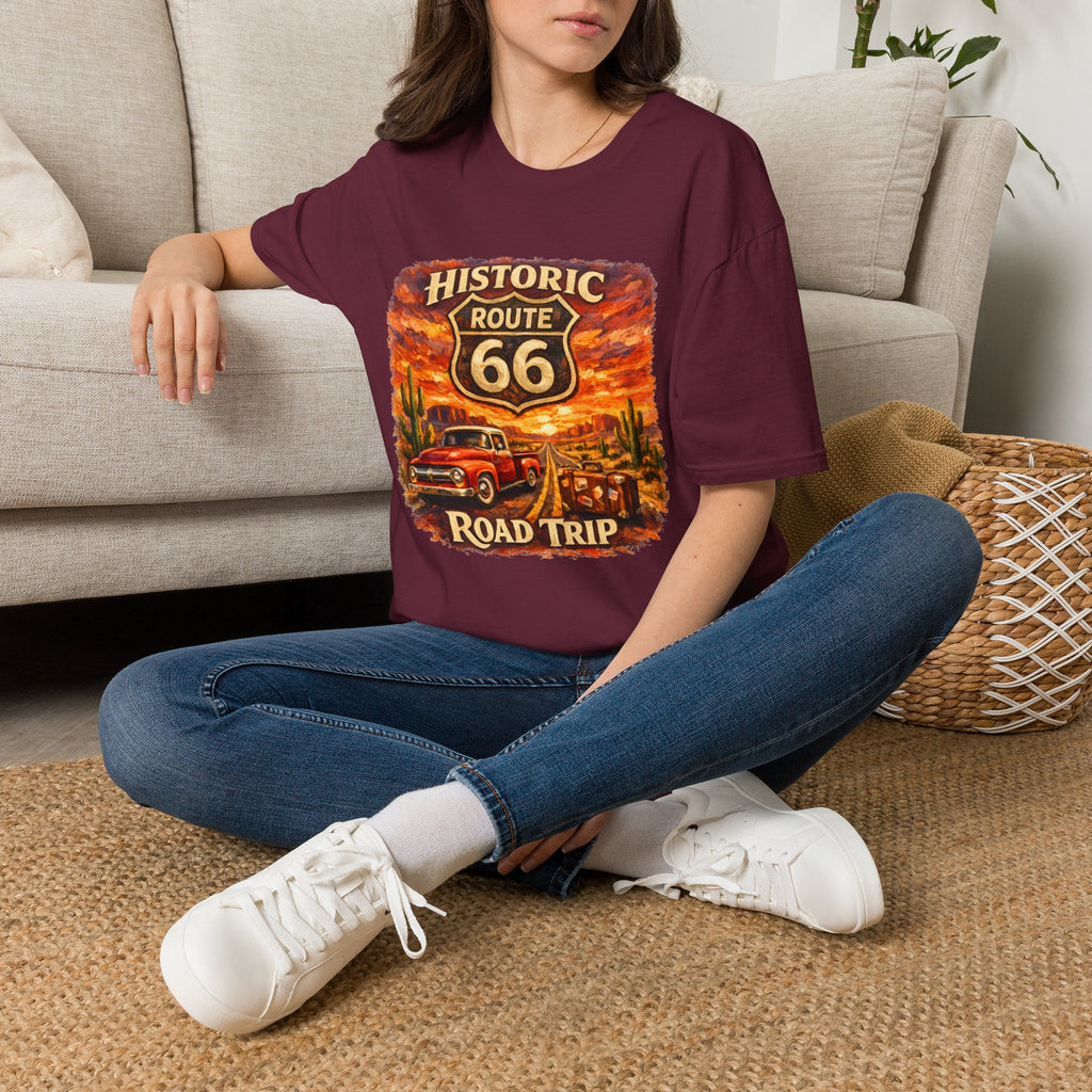 Historic Route 66 Road Trip T-Shirt | Vintage Car Desert Sunset
