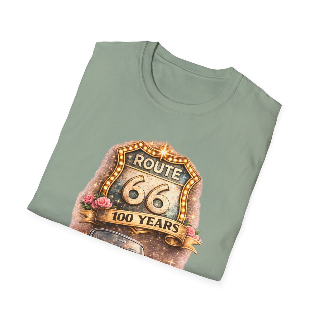 Route 66 100 Years Pink Classic Car T-Shirt | Vintage Road Trip Tee