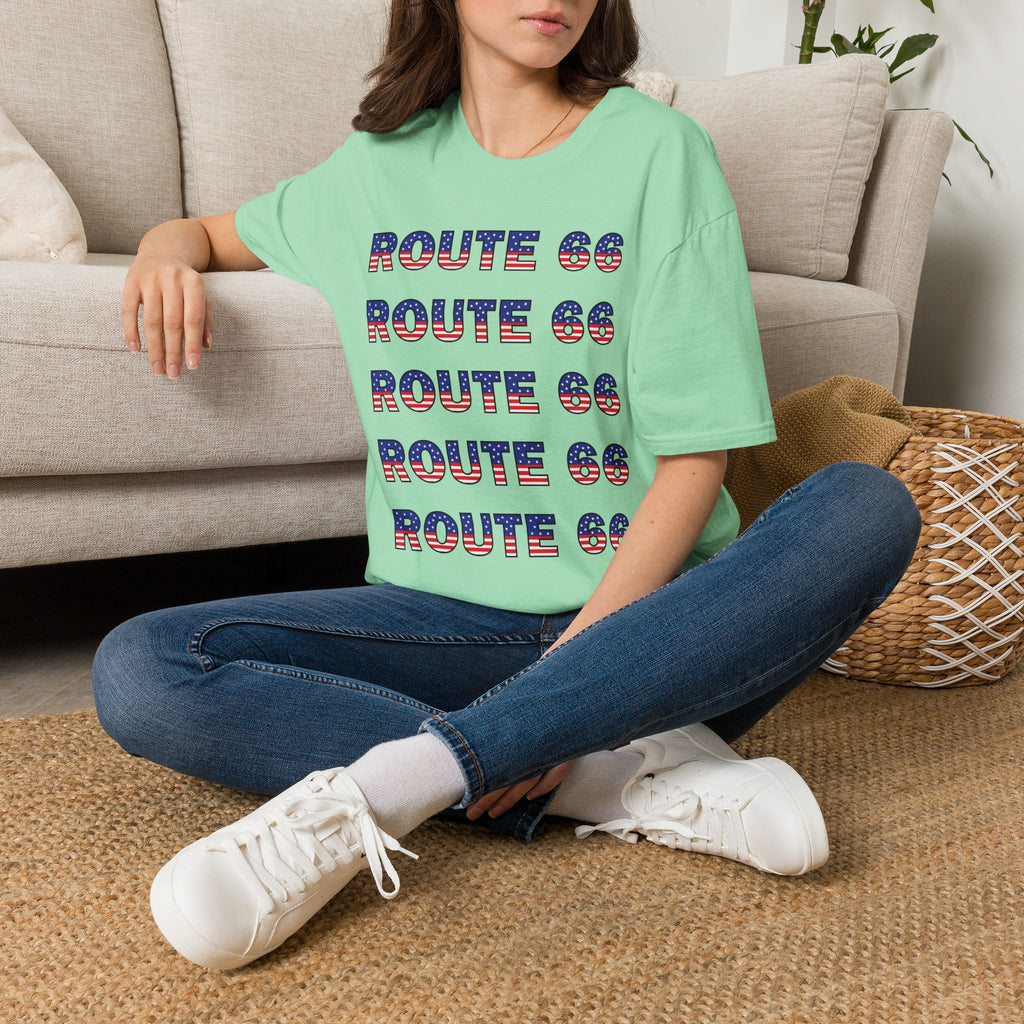 Route 66 Retro Text T-Shirt | American Flag Roadtrip Graphic