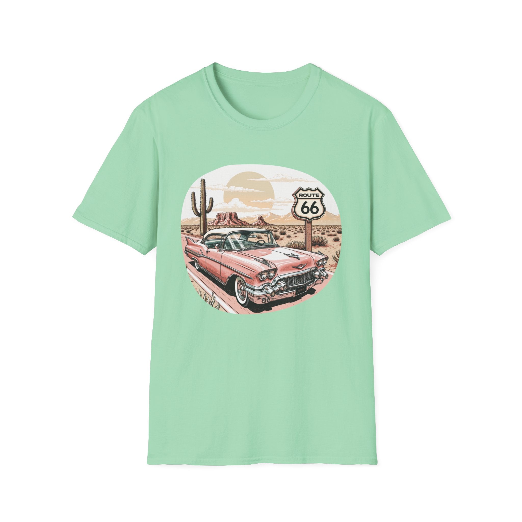 Retro Pink Classic Car Route 66 T-Shirt | Desert Cactus Vintage Roadtrip