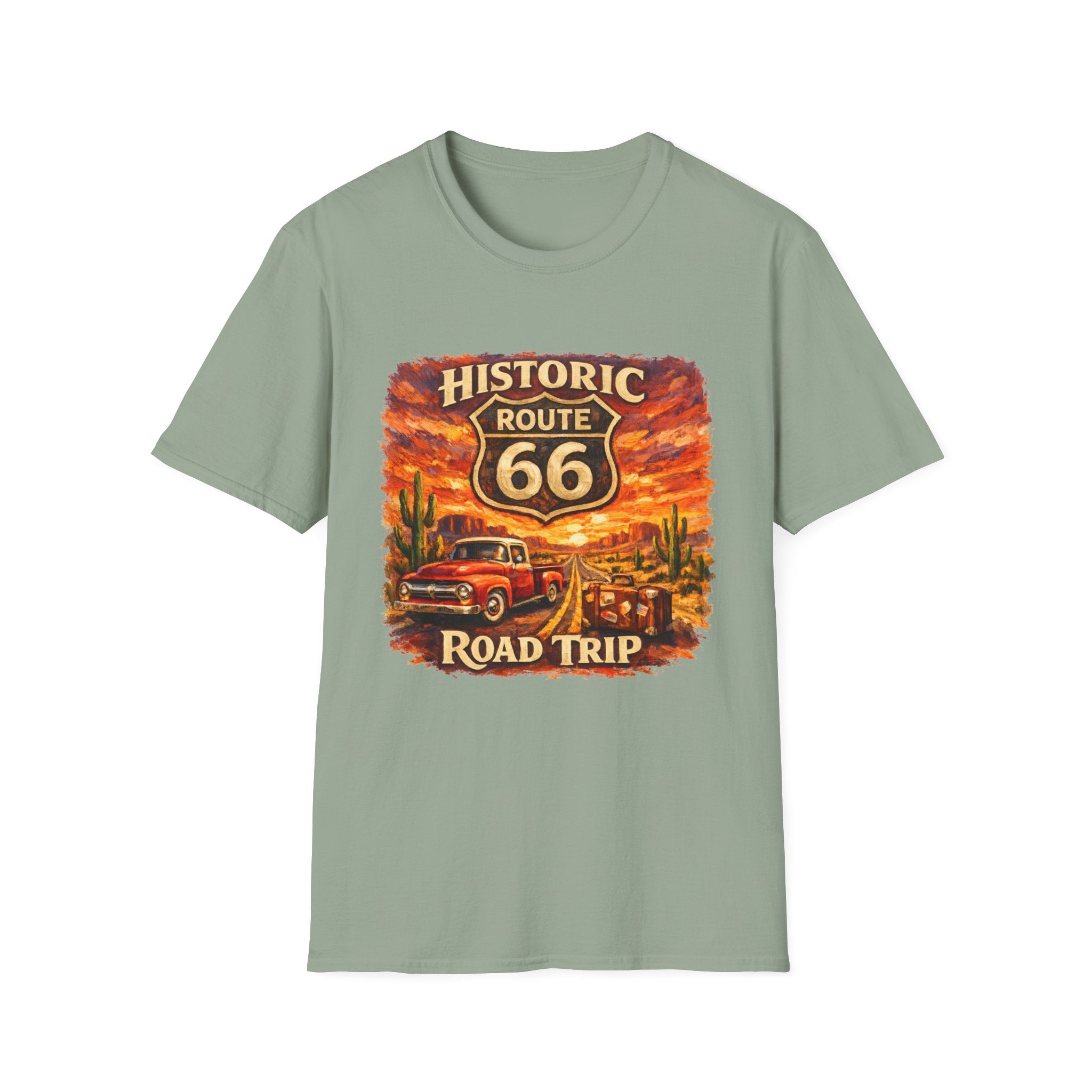Historic Route 66 Road Trip T-Shirt | Vintage Car Desert Sunset