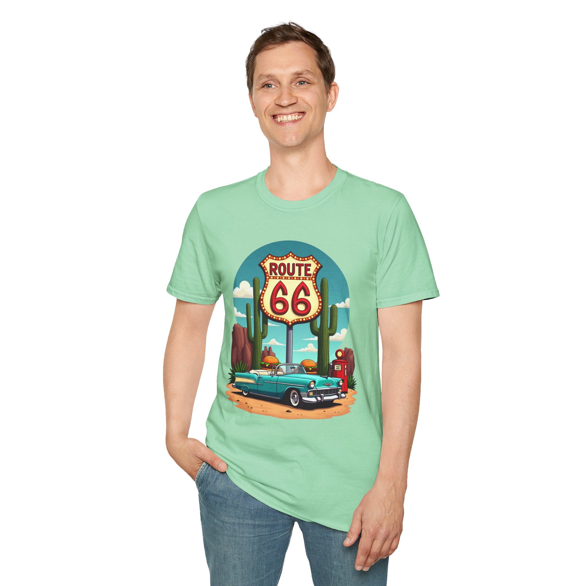 Route 66 Classic Car T-Shirt | Retro Desert Road Sign, Vintage Convertible