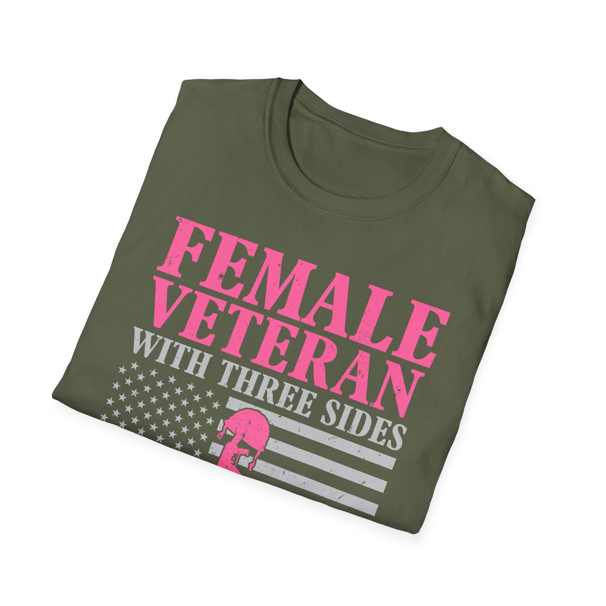 Female Veteran with Three Sides T-Shirt | American Flag, Pink Helmet, Military Pride