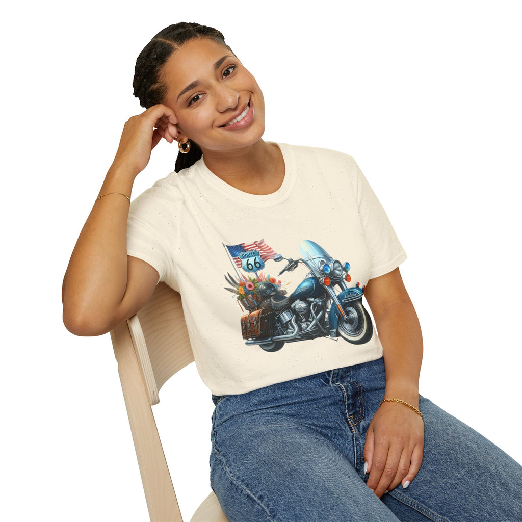 Route 66 Motorcycle Illustration T-Shirt | American Flag, Sunflowers