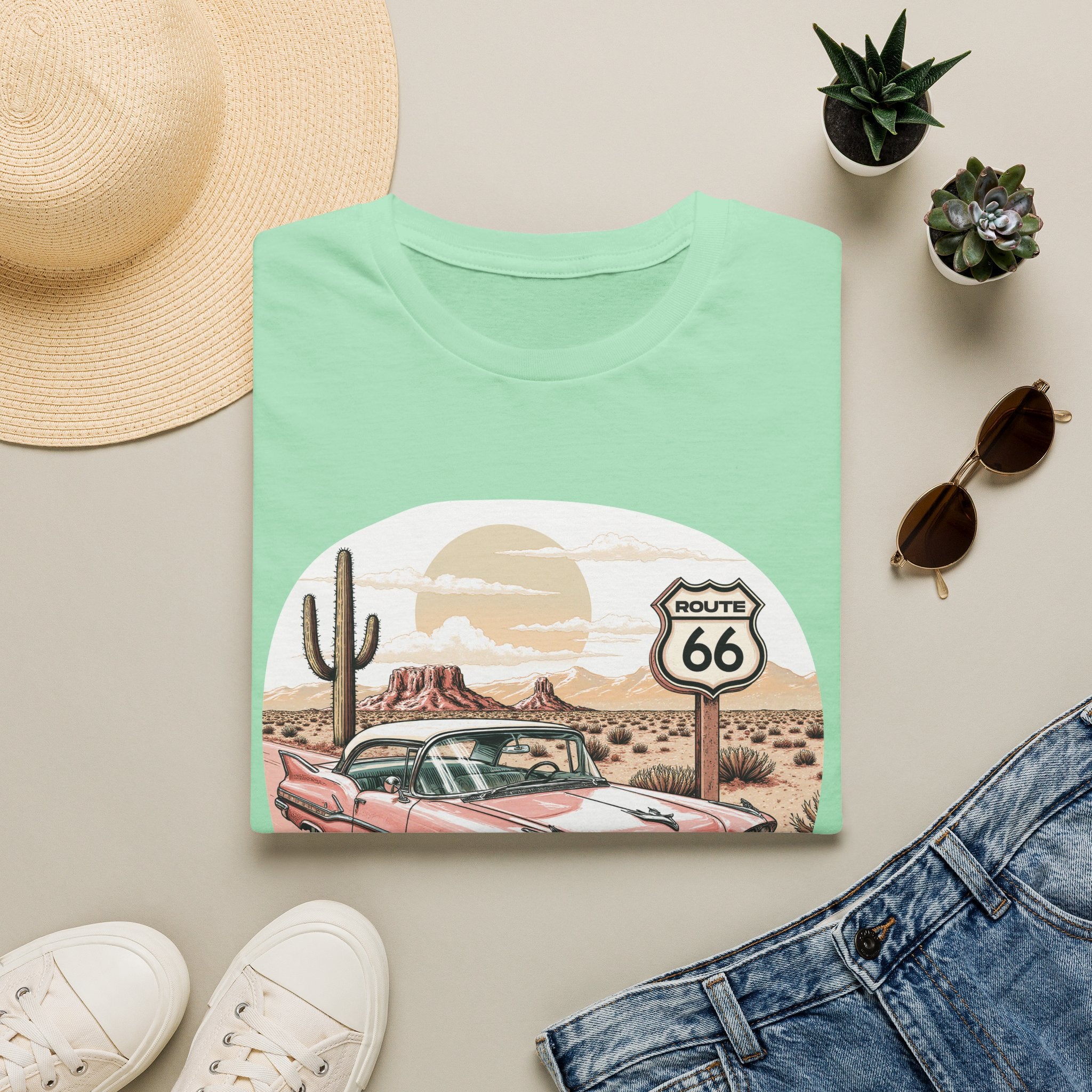 Retro Pink Classic Car Route 66 T-Shirt | Desert Cactus Vintage Roadtrip