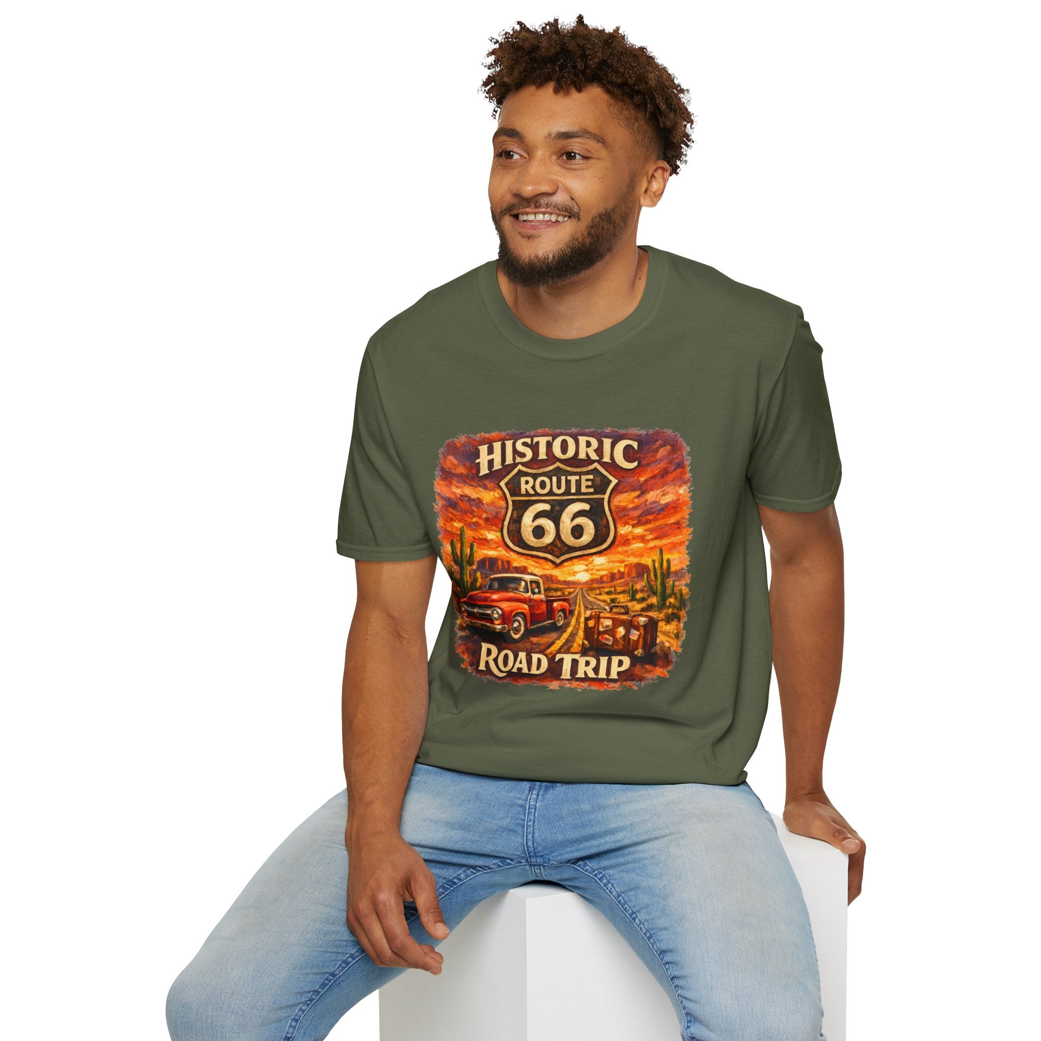 Historic Route 66 Road Trip T-Shirt | Vintage Car Desert Sunset