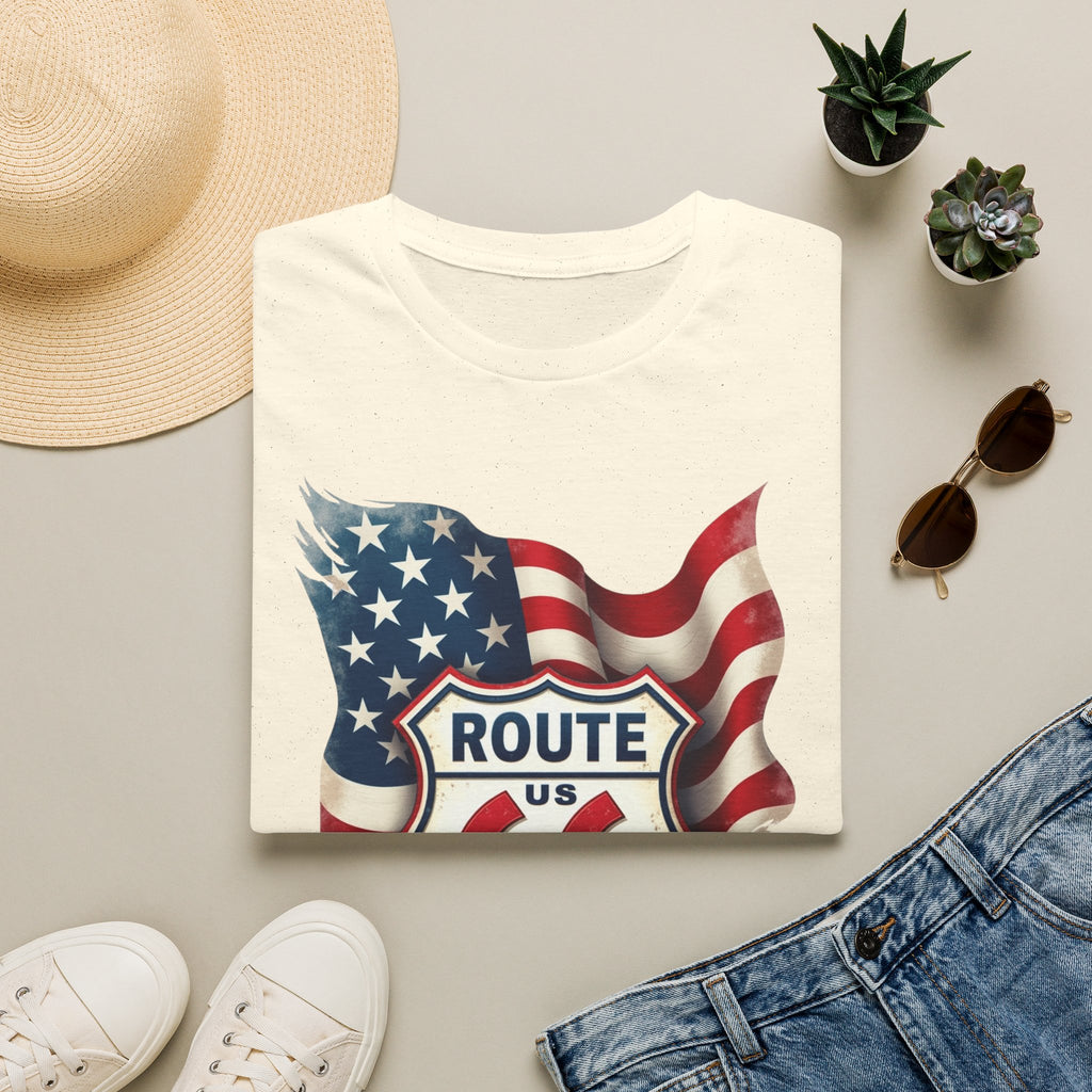 Route 66 Shield with American Flag T-Shirt | Vintage Road Trip Tee