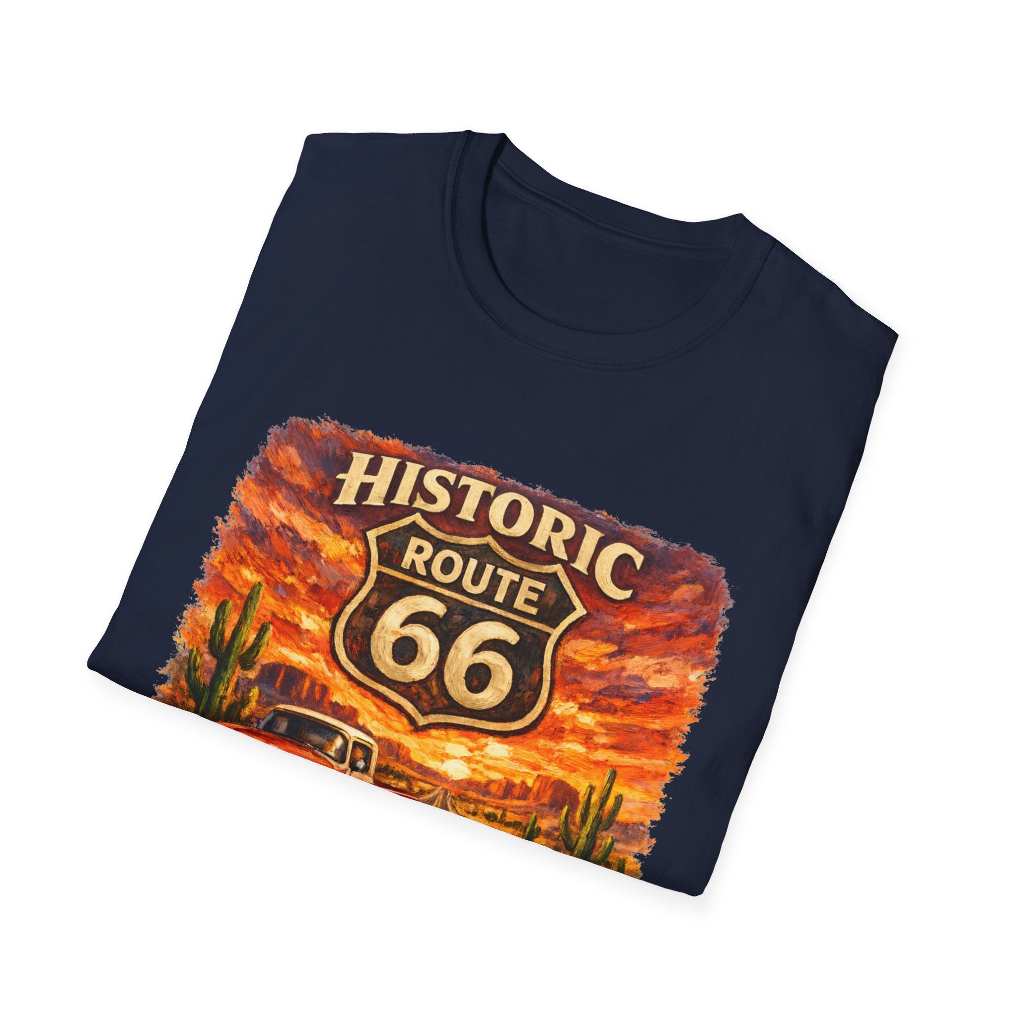 Historic Route 66 Road Trip T-Shirt | Vintage Car Desert Sunset