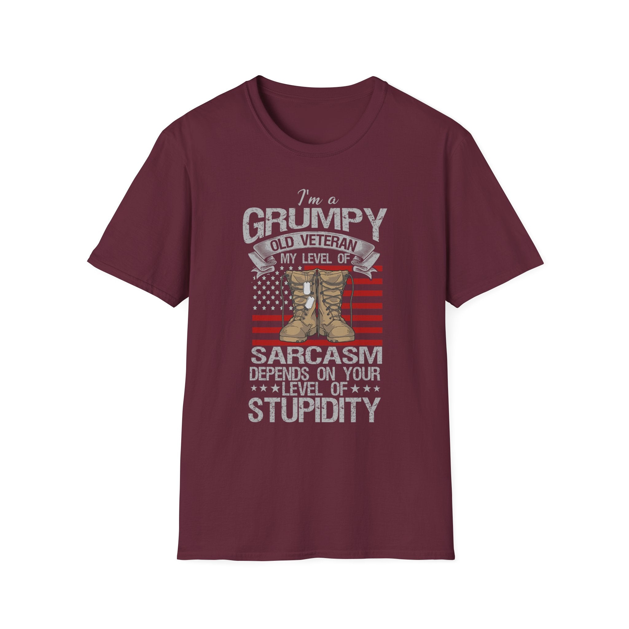 Grumpy Old Veteran Boots, T-Shirt | American Flag, Sarcasm Depends on Stupidity