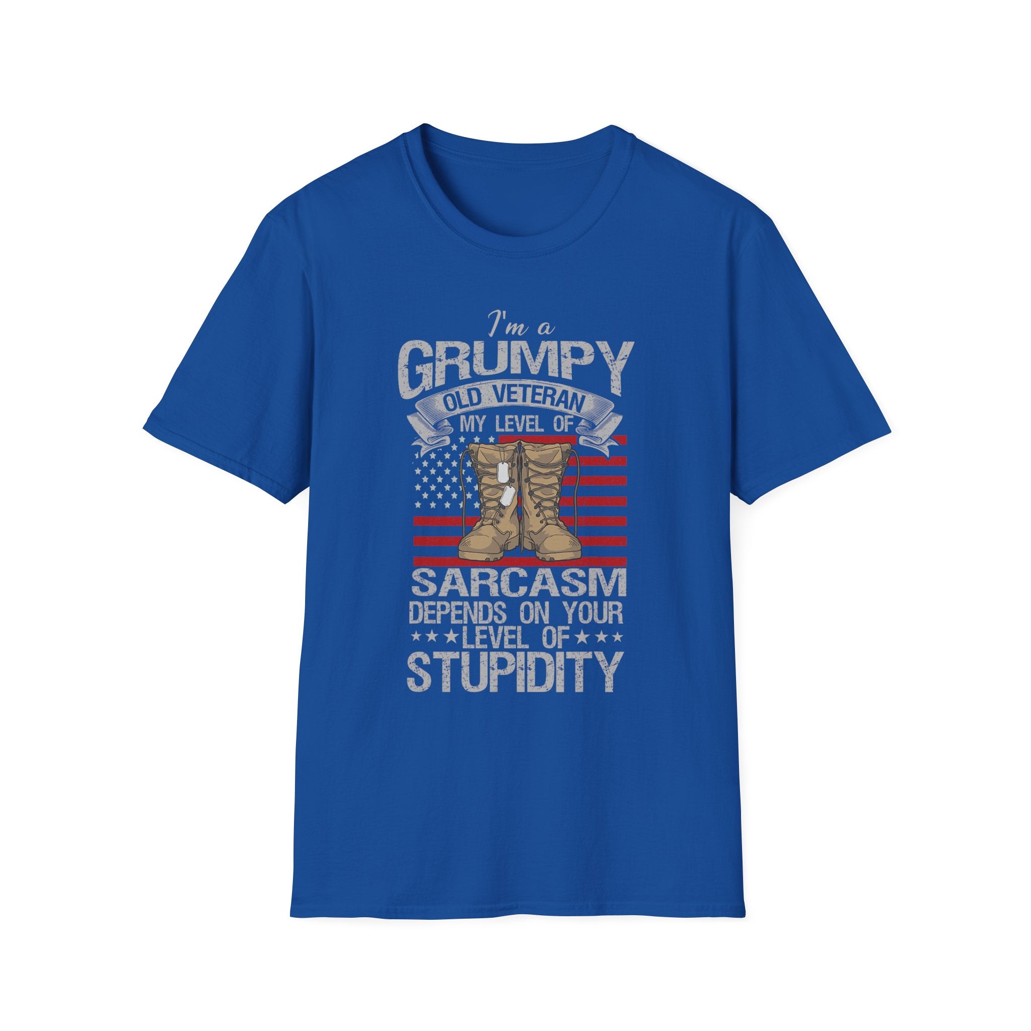 Grumpy Old Veteran Boots, T-Shirt | American Flag, Sarcasm Depends on Stupidity