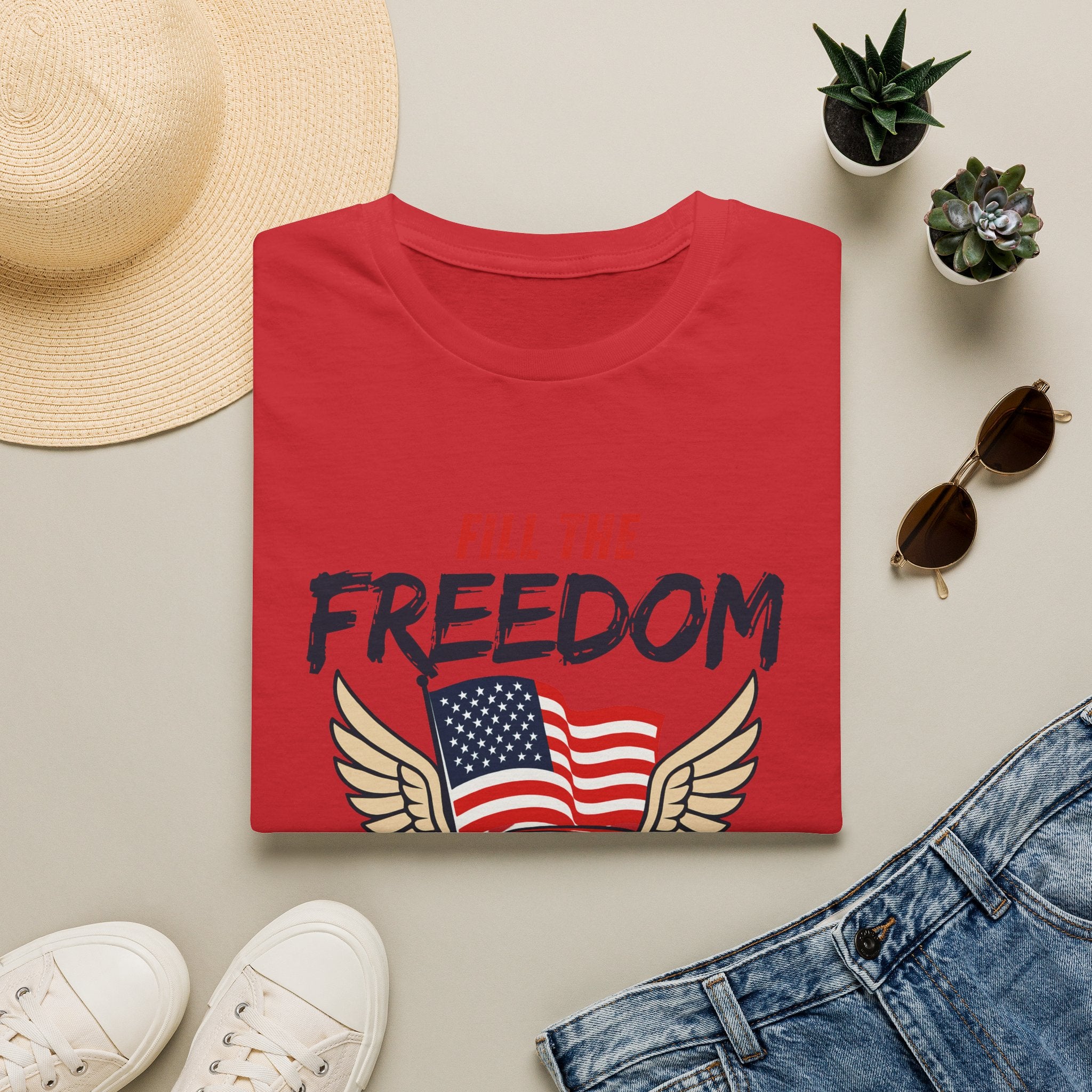 Fill the Freedom Vintage Car T-Shirt | American Flag Wings Chicago to Santa Monica Route 66