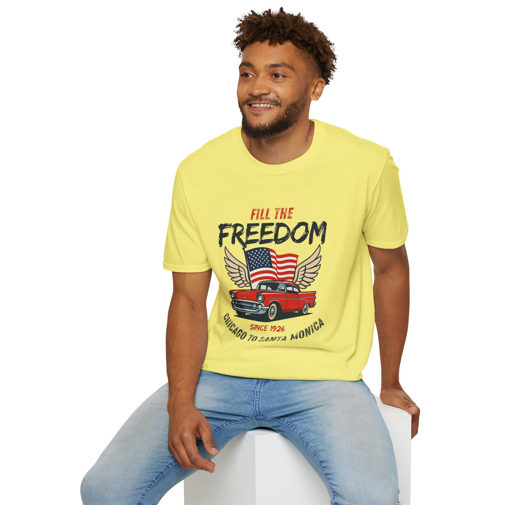 Fill the Freedom Vintage Car T-Shirt | American Flag Wings Chicago to Santa Monica Route 66