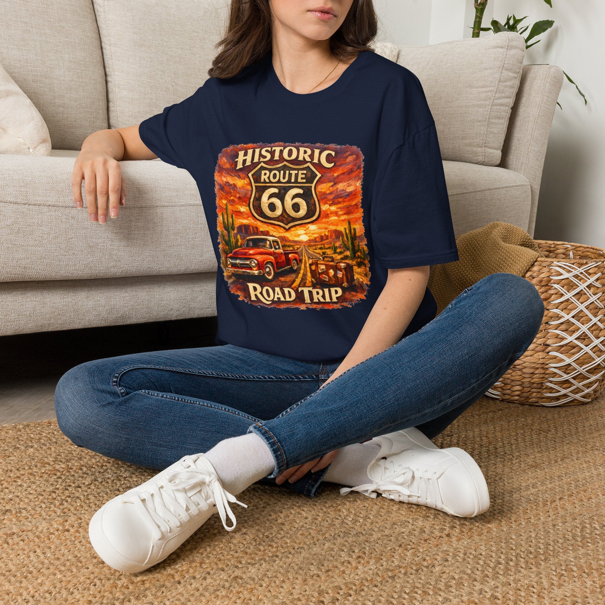 Historic Route 66 Road Trip T-Shirt | Vintage Car Desert Sunset