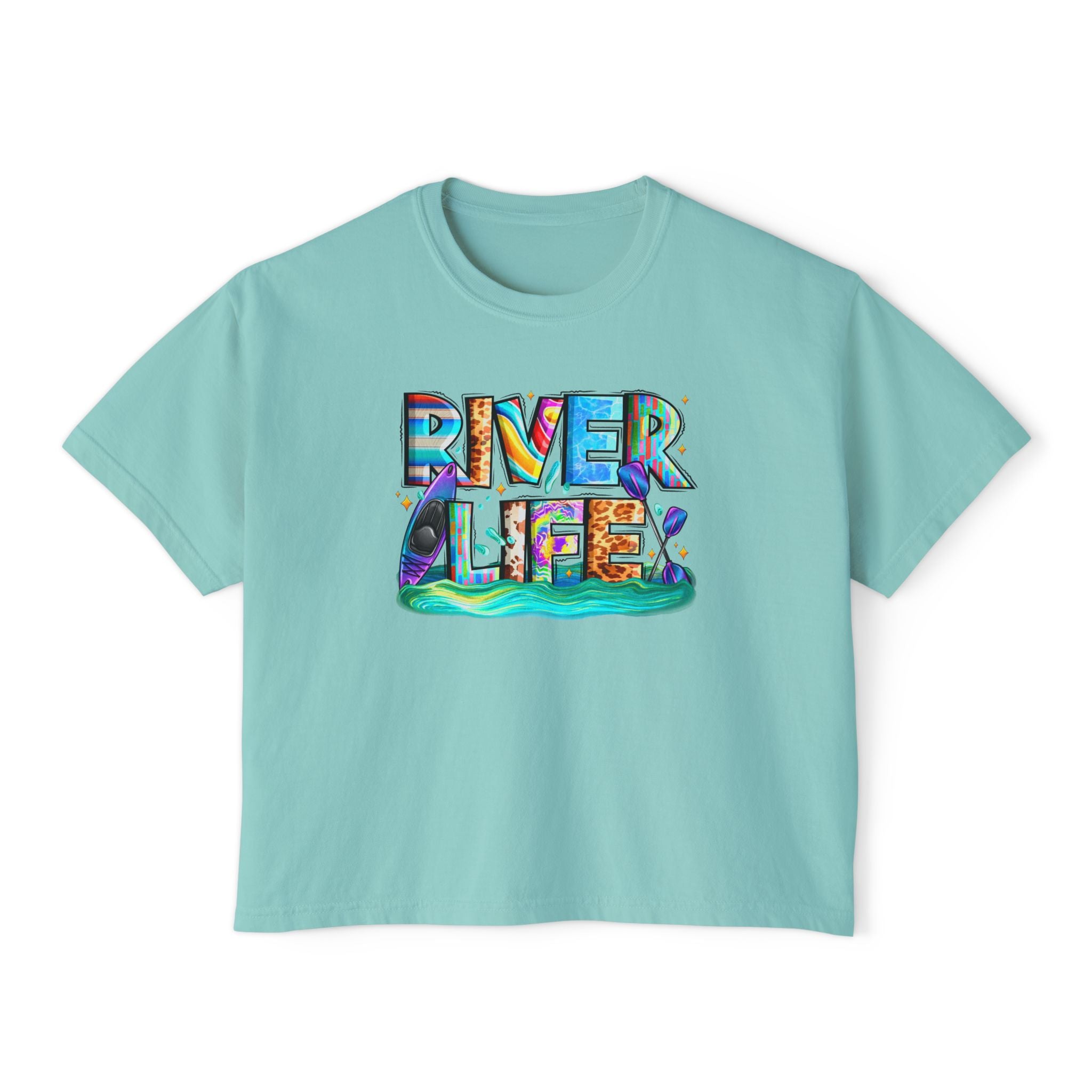 River Life boxy tee | colorful river lettering, kayak, fishing graphics