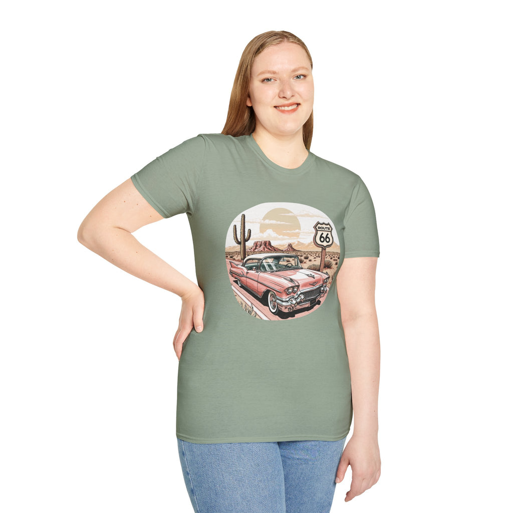 Retro Pink Classic Car Route 66 T-Shirt | Desert Cactus Vintage Roadtrip