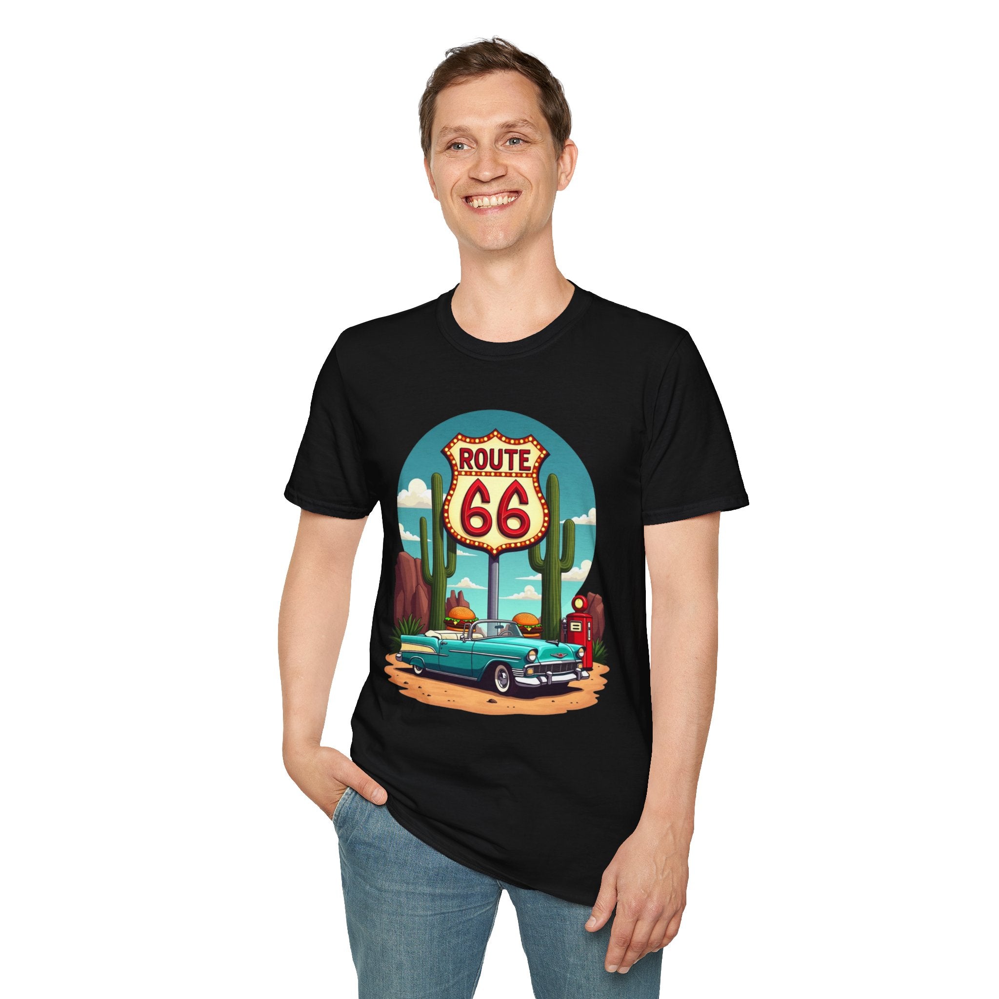Route 66 Classic Car T-Shirt | Retro Desert Road Sign, Vintage Convertible