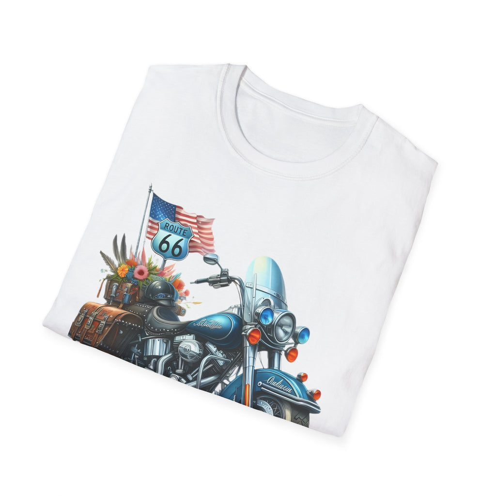Route 66 Motorcycle Illustration T-Shirt | American Flag, Sunflowers