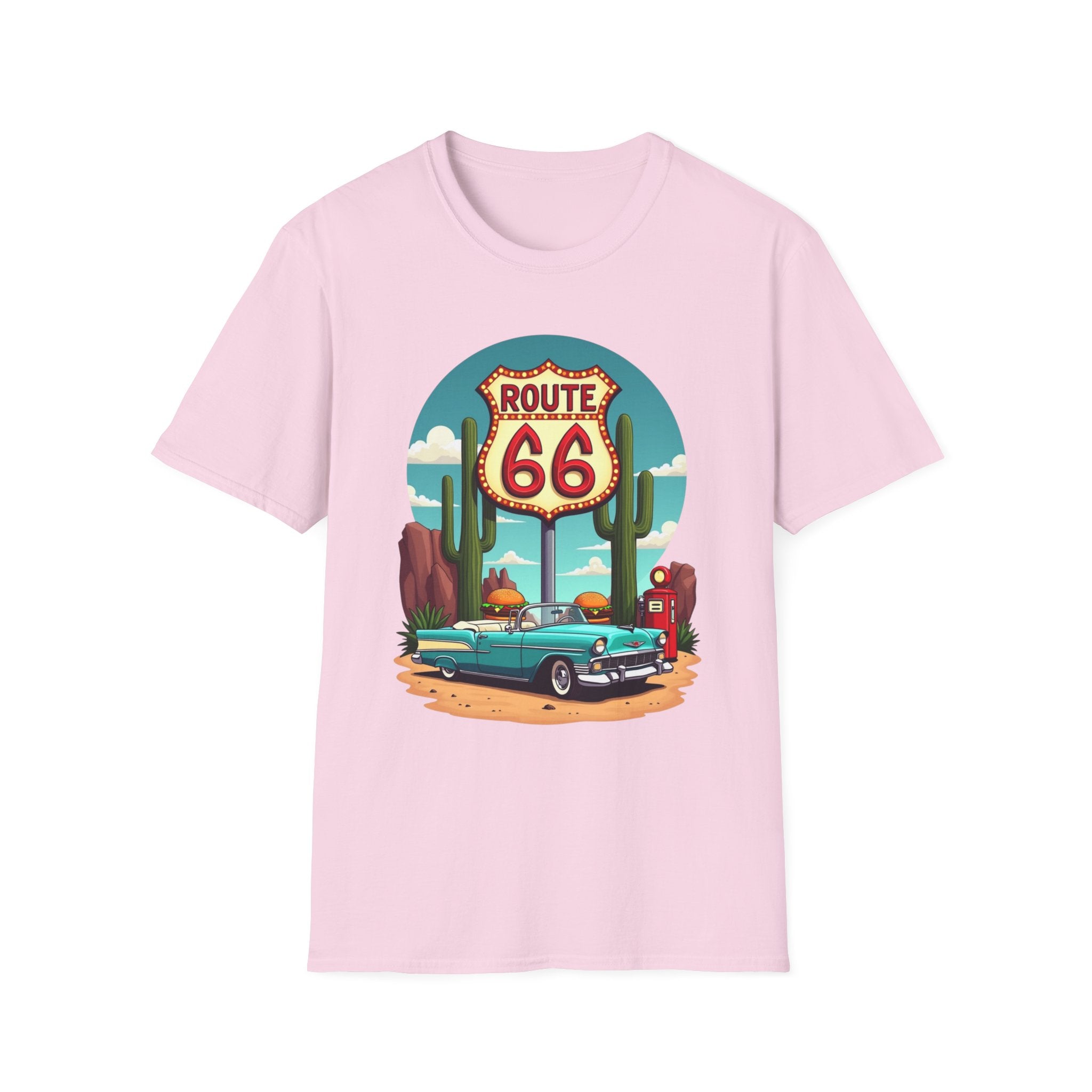 Route 66 Classic Car T-Shirt | Retro Desert Road Sign, Vintage Convertible