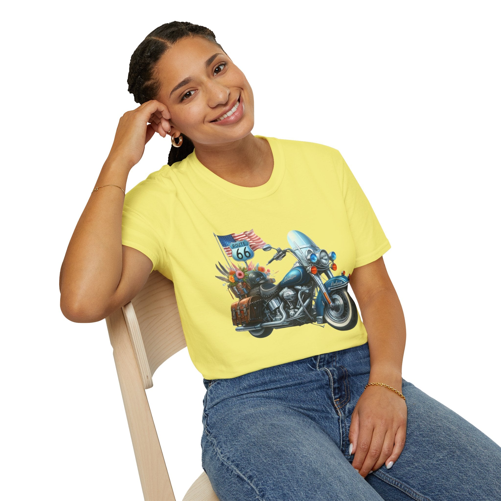 Route 66 Motorcycle Illustration T-Shirt | American Flag, Sunflowers