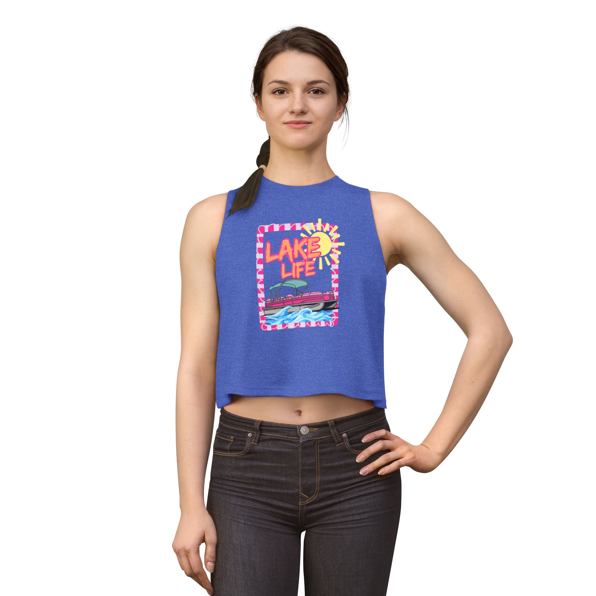 Lake Life boat illustration Crop Top | summer lake vibes, colorful retro frame