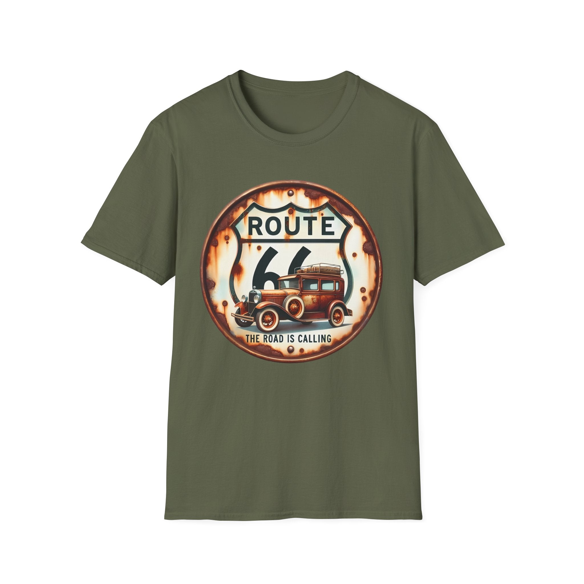 Route 66 Vintage Woodie Car T-Shirt | Road Trip Retro Sign, 'The Road Is Calling'