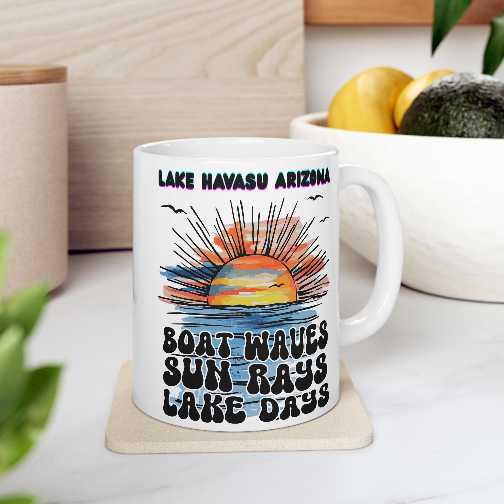 Lake Havasu Arizona Sunset Boat Waves Sun Rays Lake Days Mug | Retro Beach Sunrise Ceramic Mug