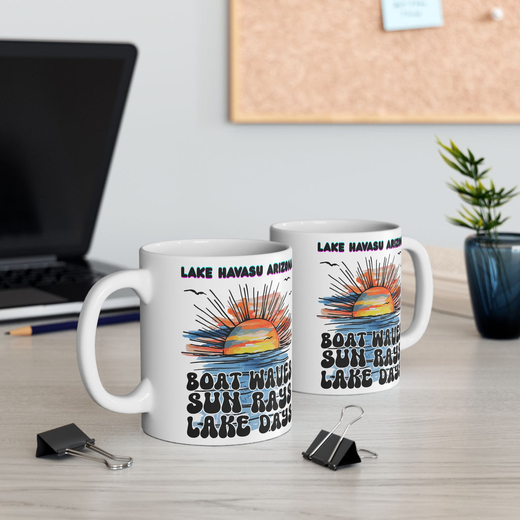 Lake Havasu Arizona Sunset Boat Waves Sun Rays Lake Days Mug | Retro Beach Sunrise Ceramic Mug