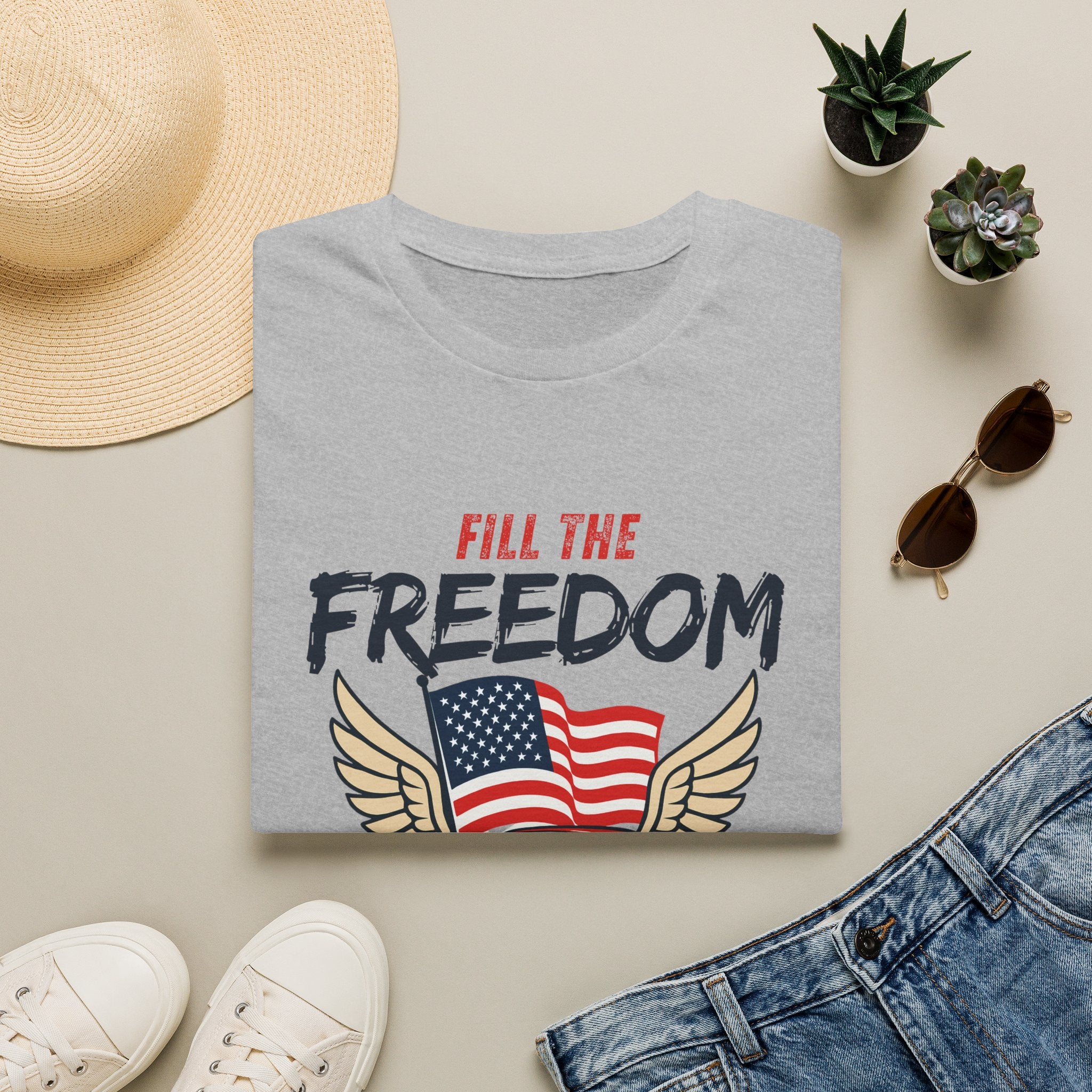 Fill the Freedom Vintage Car T-Shirt | American Flag Wings Chicago to Santa Monica Route 66