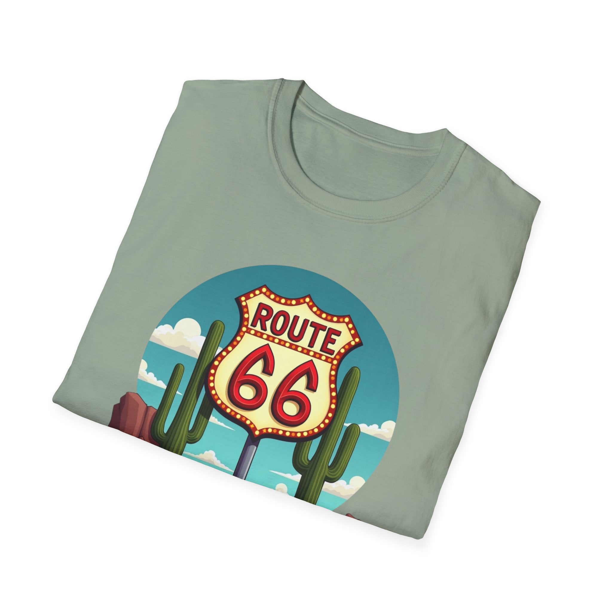 Route 66 Classic Car T-Shirt | Retro Desert Road Sign, Vintage Convertible