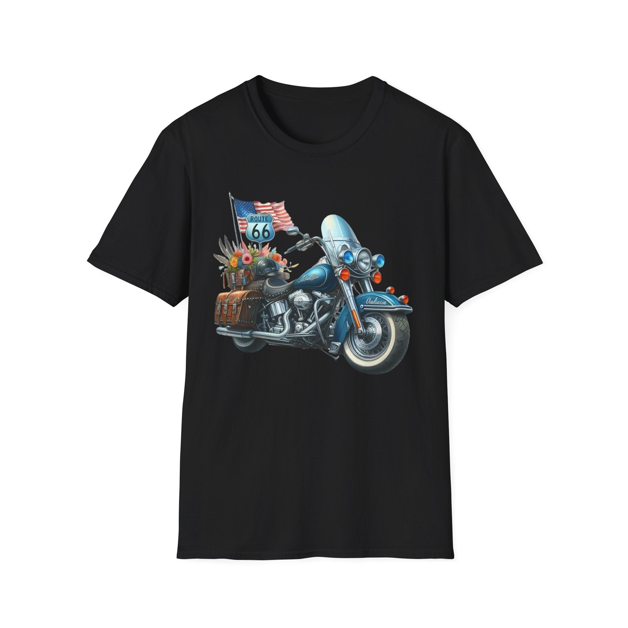 Route 66 Motorcycle Illustration T-Shirt | American Flag, Sunflowers