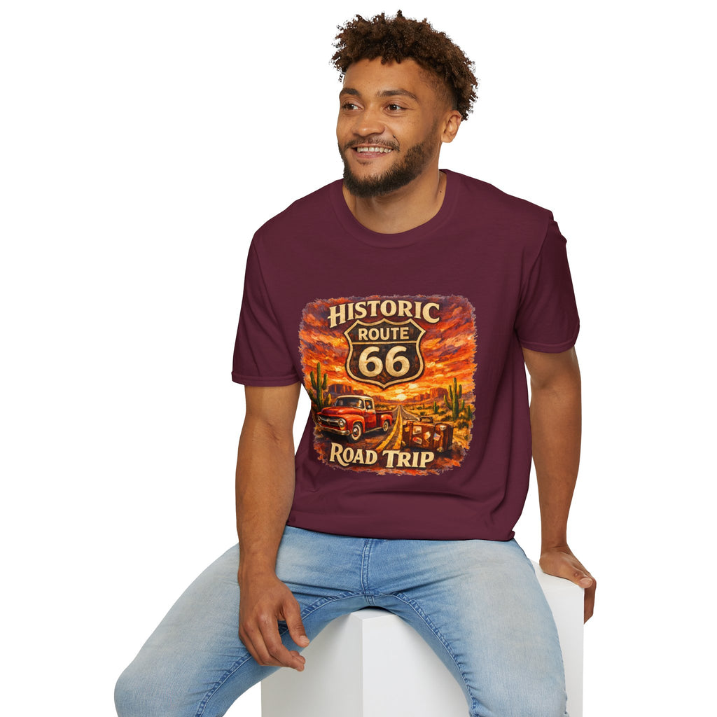Historic Route 66 Road Trip T-Shirt | Vintage Car Desert Sunset