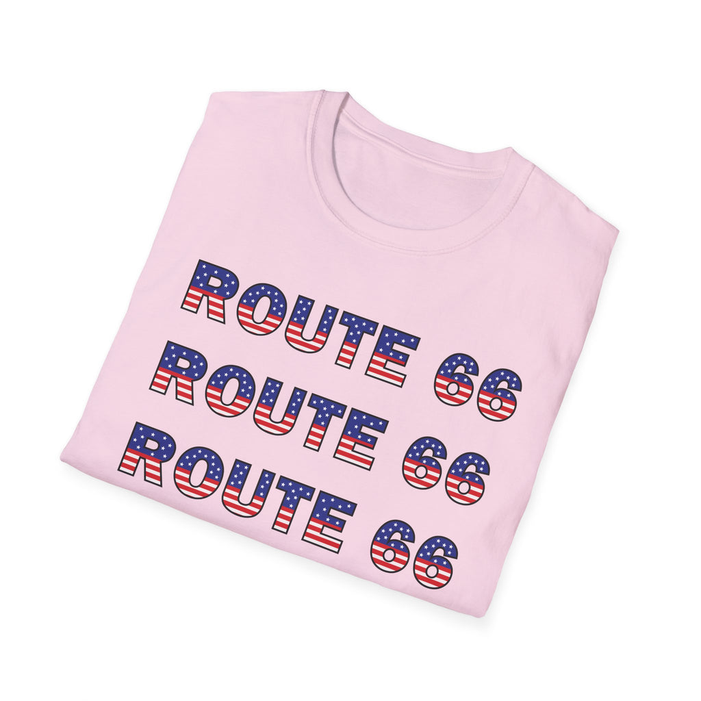 Route 66 Retro Text T-Shirt | American Flag Roadtrip Graphic