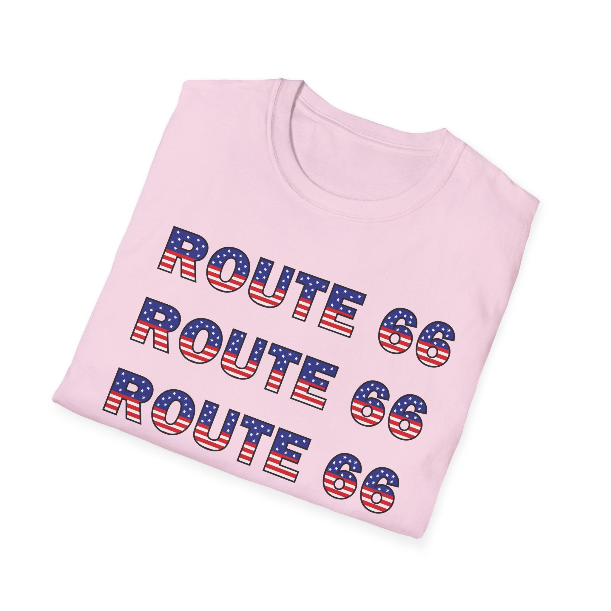 Route 66 Retro Text T-Shirt | American Flag Roadtrip Graphic