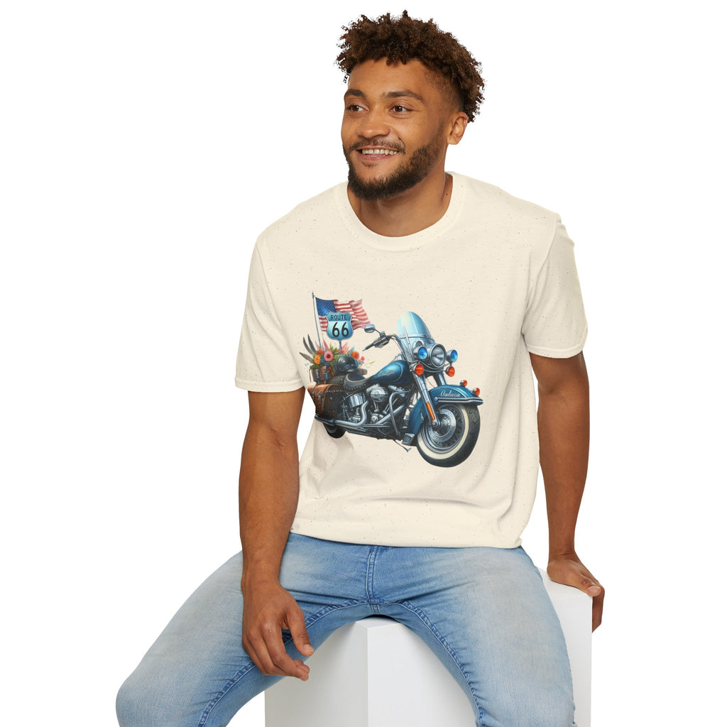 Route 66 Motorcycle Illustration T-Shirt | American Flag, Sunflowers