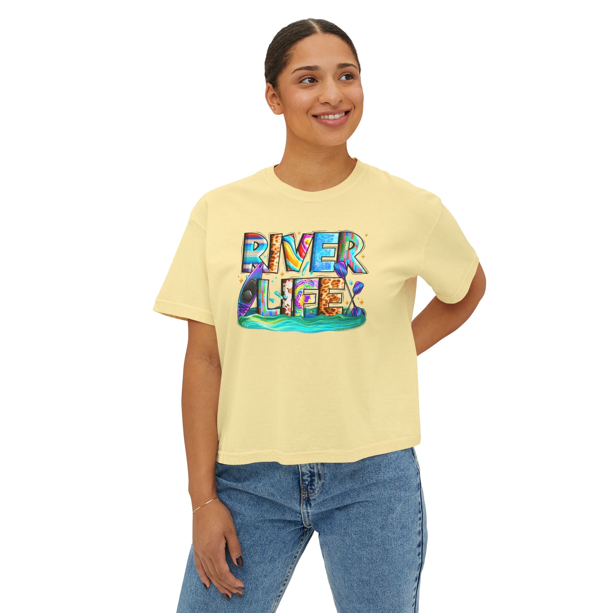 River Life boxy tee | colorful river lettering, kayak, fishing graphics