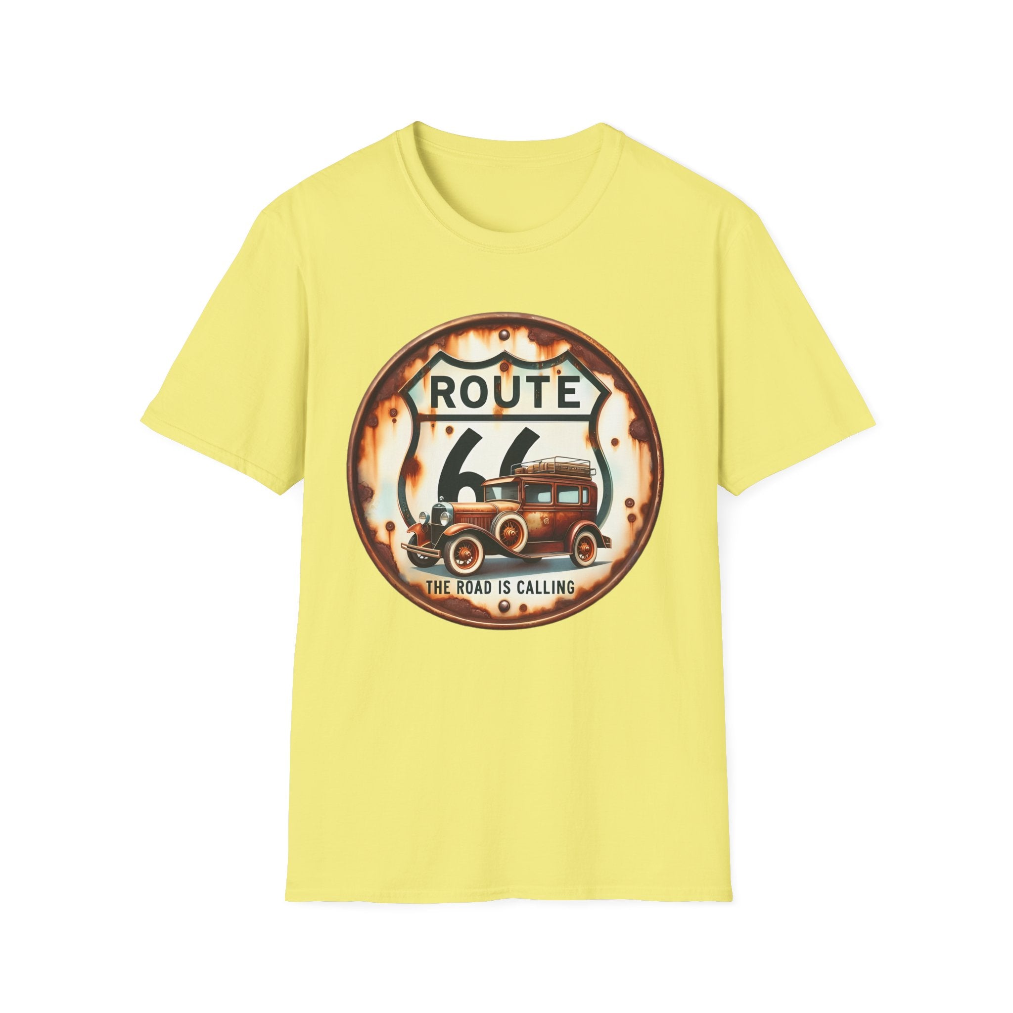 Route 66 Vintage Woodie Car T-Shirt | Road Trip Retro Sign, 'The Road Is Calling'