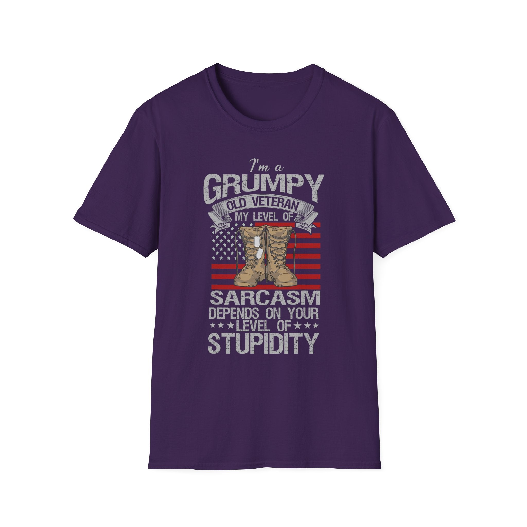 Grumpy Old Veteran Boots, T-Shirt | American Flag, Sarcasm Depends on Stupidity