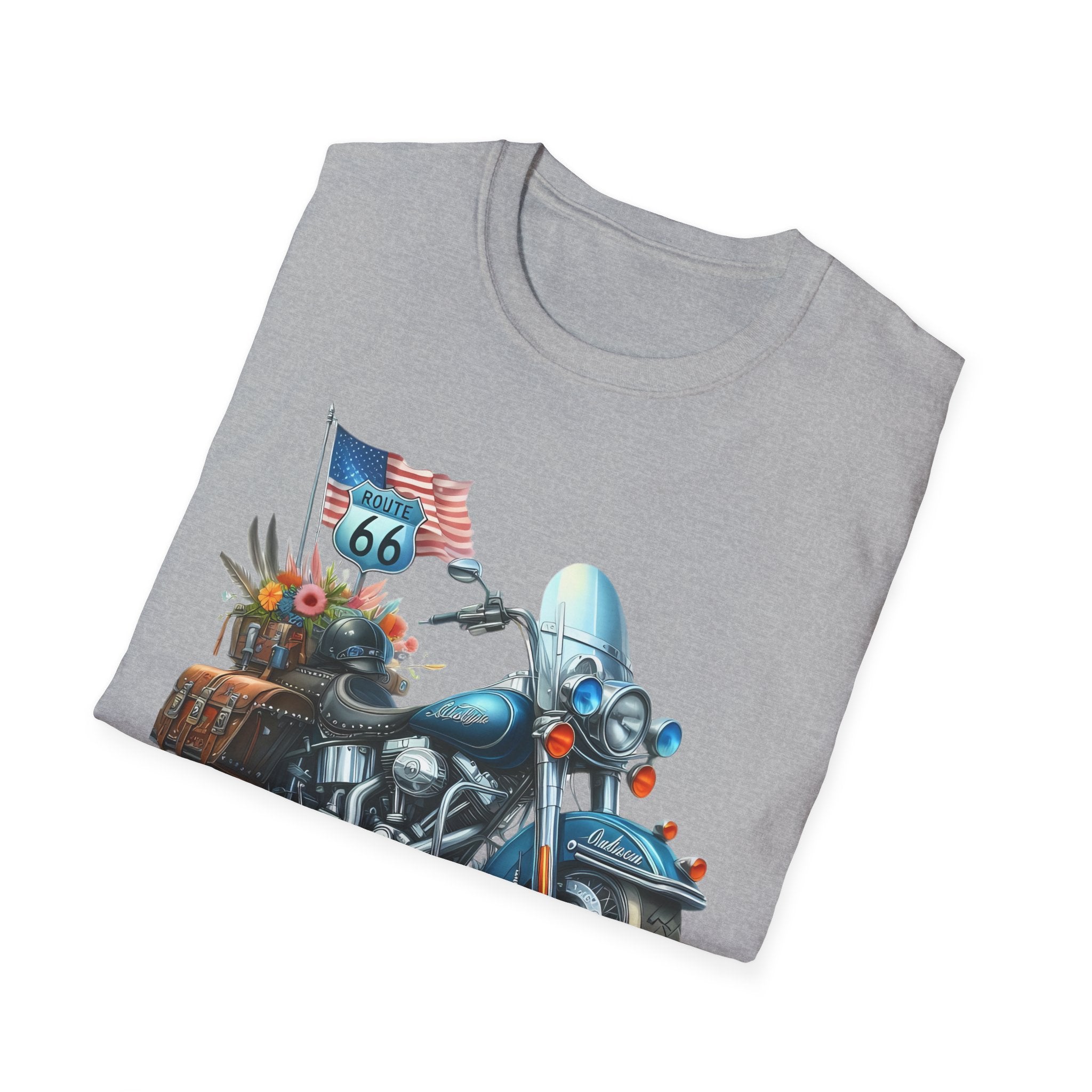 Route 66 Motorcycle Illustration T-Shirt | American Flag, Sunflowers