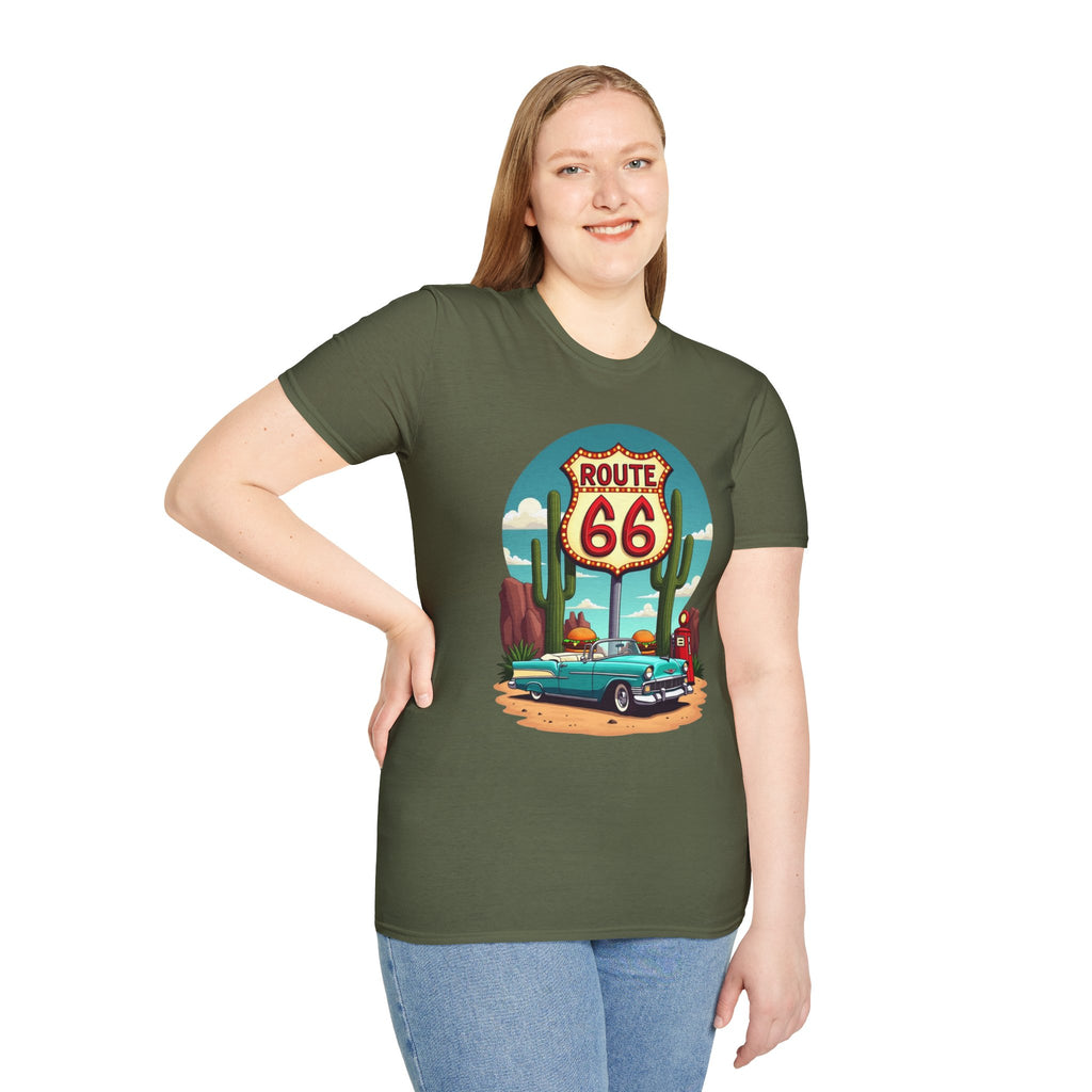 Route 66 Classic Car T-Shirt | Retro Desert Road Sign, Vintage Convertible