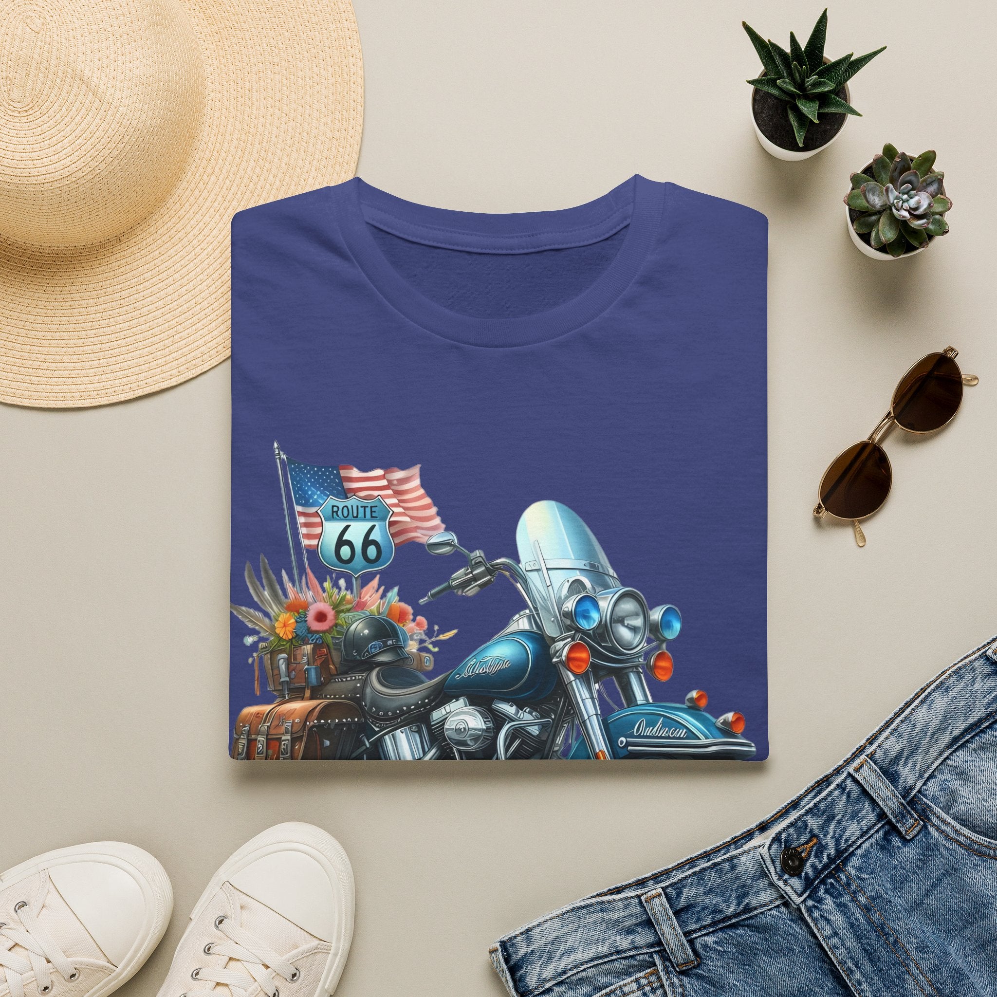 Route 66 Motorcycle Illustration T-Shirt | American Flag, Sunflowers